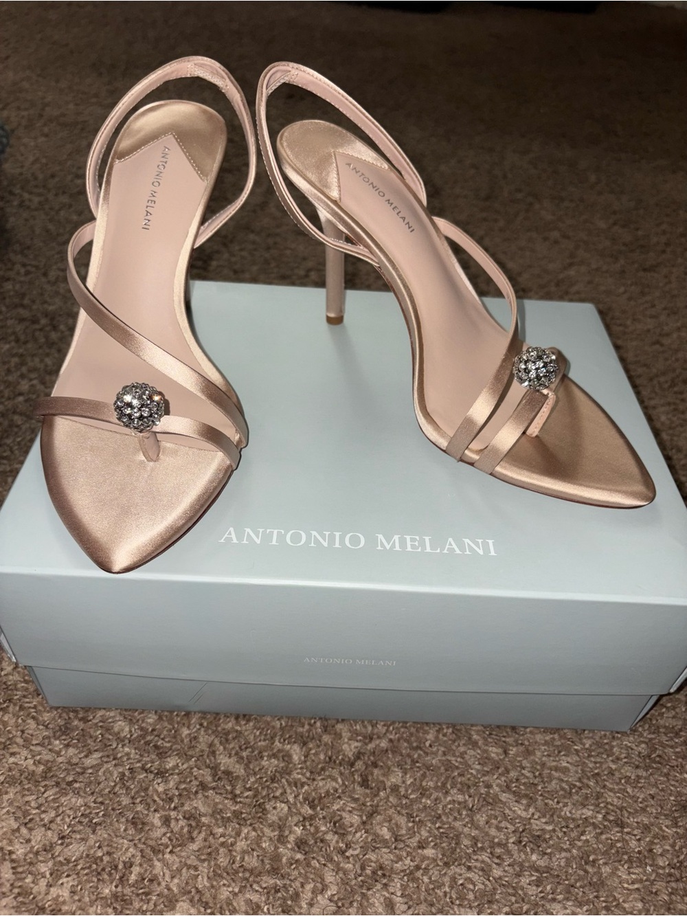 ANTONIO MELANI Rose Gold Satin Gem-Accent Slingback Heels
